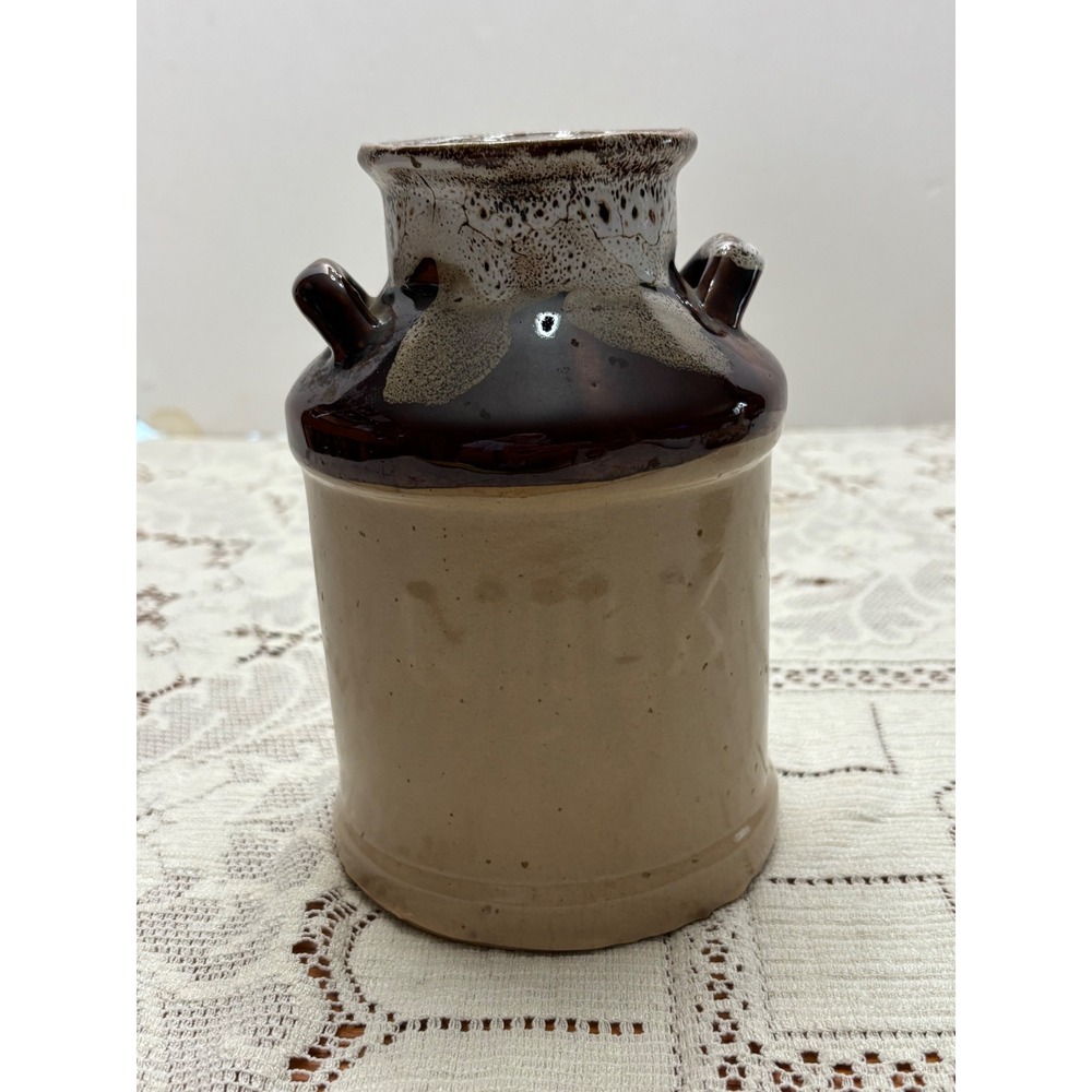 Vintage Enesco Stoneware Milk Jug Vase Brown Drip Glaze Farmhouse Decor 6.5"